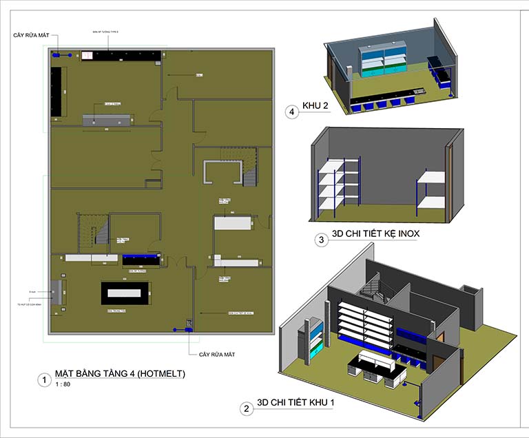 Phối cảnh mặt bằng tầng 4 thiết kế trung tâm nghiên cứu và phát triển sản phẩm Nanpao Resin Việt Nam