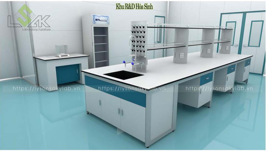 Bàn thí nghiệm trung tâm phòng R&D hóa sinh thiết kế nội thất phòng lab nhà máy sản xuất thuốc thú y - thủy sản UV Việt Nam
