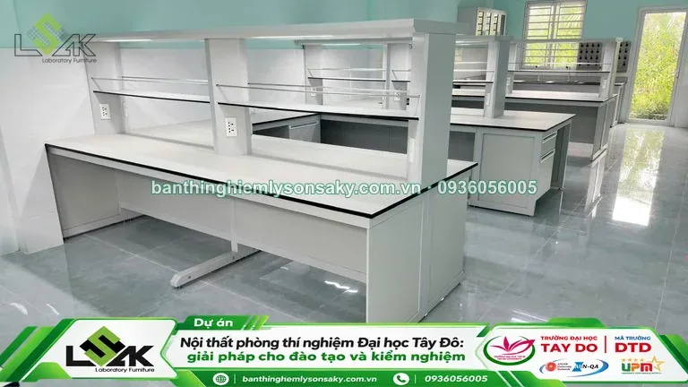 Bàn thí nghiệm trung tâm có kệ trên bàn 2
